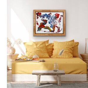 Original Abstract Seahorse Acrylic Pour Painting 16x20 Red Blue Yellow Fluid Art